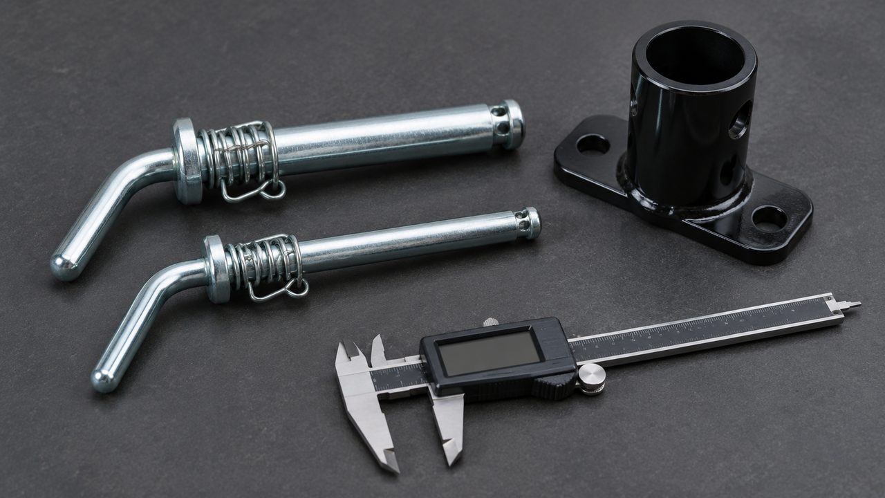 Two spring-loaded pull pins beside a tubular mount and digital caliper on a gray workshop mat.