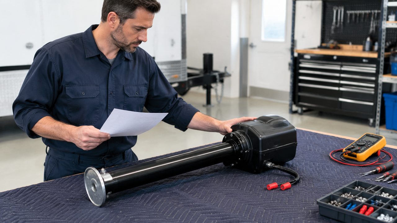 Technician reviewing a work order beside a detached electric trailer jack, multimeter and parts tray on a padded bench.