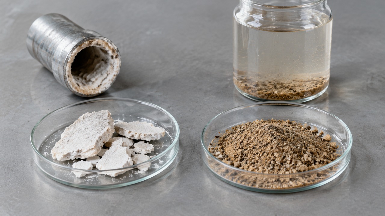 White crust samples, loose sediment and a pipe section with deposits beside a water sample jar.