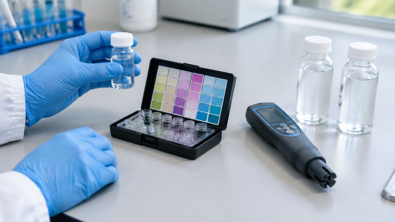 Gloved hands holding a water sample beside a colour comparison kit, handheld meter and sample bottles.