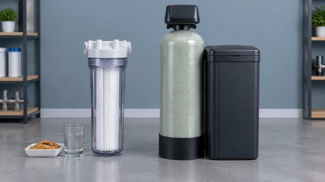 Sediment filter housing beside a water softener tank and brine container on a workbench.