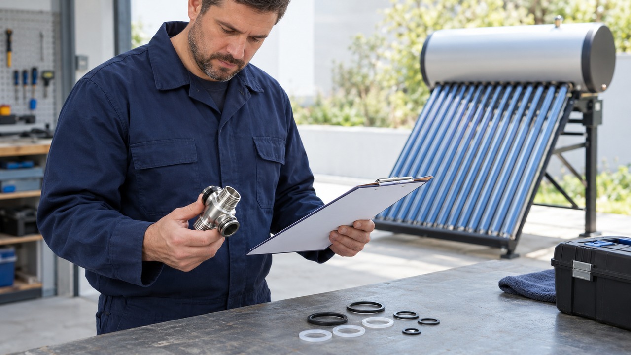 Worker checking a metal fitting and clipboard beside seals, with a solar water heater in the background.
