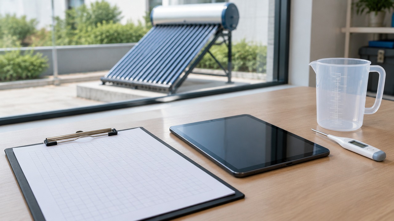 Clipboard, tablet, measuring jug and handheld meter on a desk beside a solar water heater.