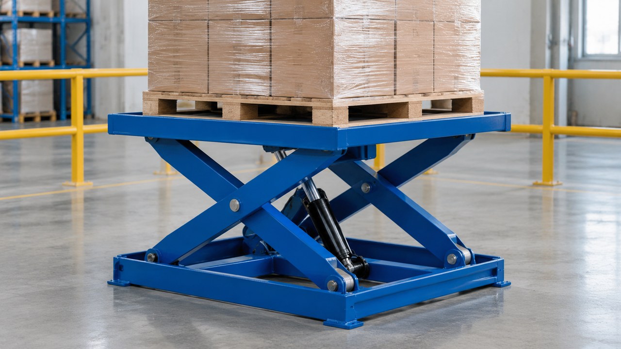 Wrapped carton load on a wooden pallet supported by a blue hydraulic scissor lift table.