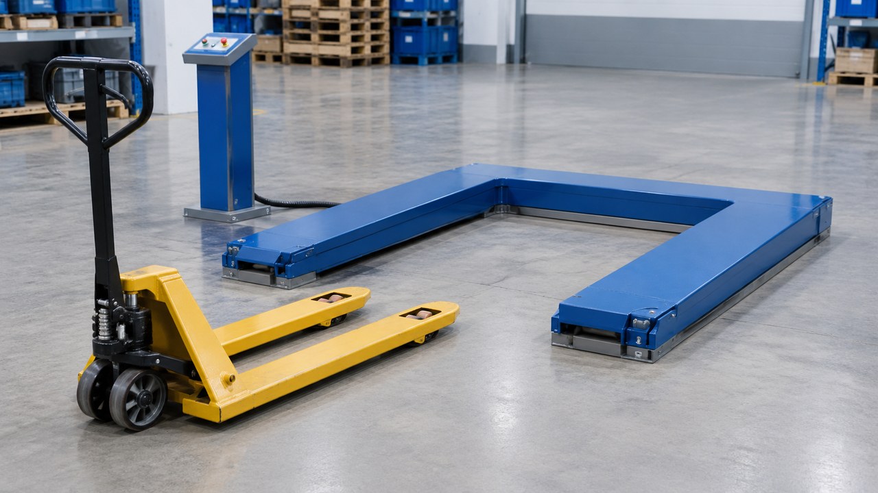 Yellow manual pallet jack facing an empty U-shaped low profile lift table on a warehouse floor.