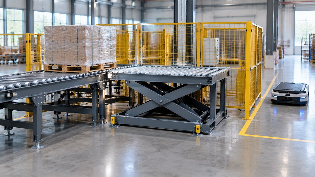 Roller-top scissor lift table beside a pallet conveyor, with a mobile robot in the adjacent lane.