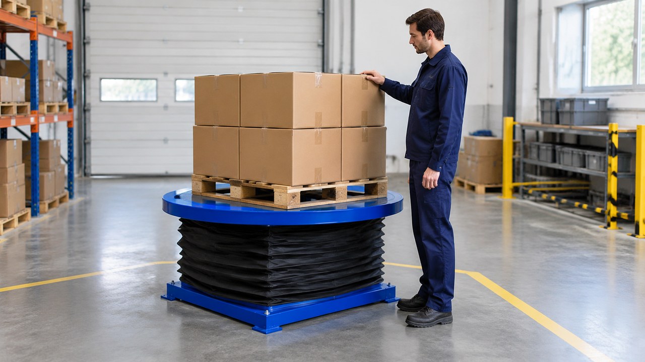 Worker standing beside cartons on a round pallet positioner with a protective bellows skirt.