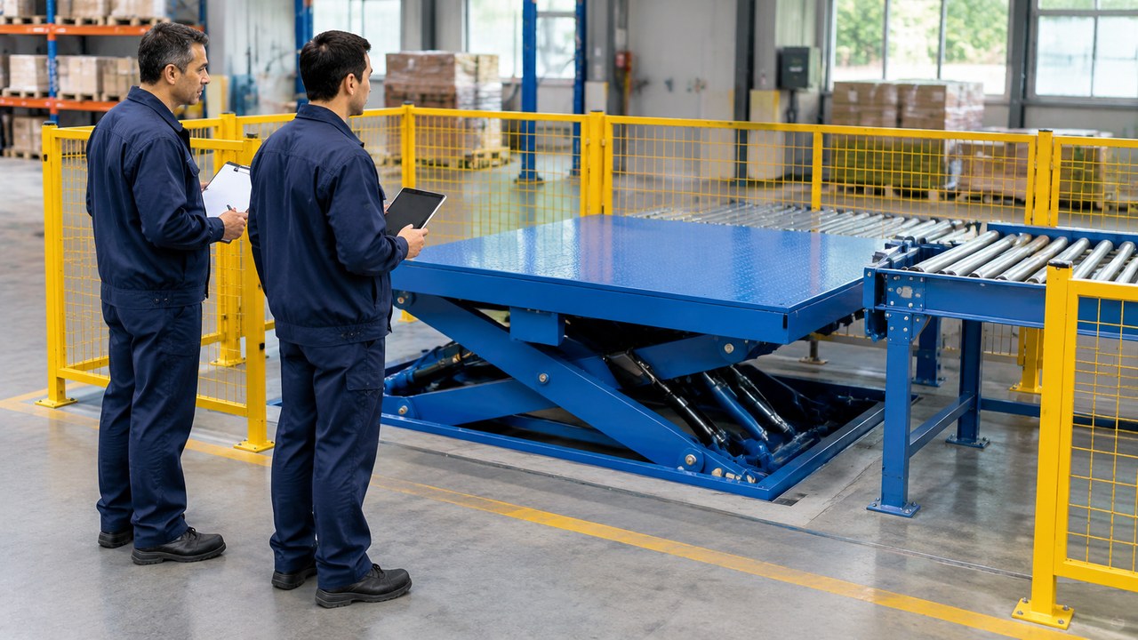 Two engineers with a clipboard and tablet reviewing a lift table beside a roller conveyor.