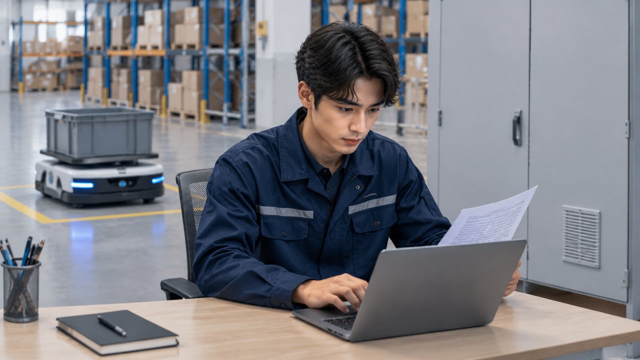 Worker comparing a paper document with a laptop beside a closed control cabinet and a parked AMR.