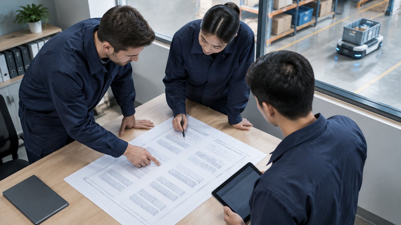 Three workers reviewing a warehouse layout, with a tote-carrying AMR visible through the window.