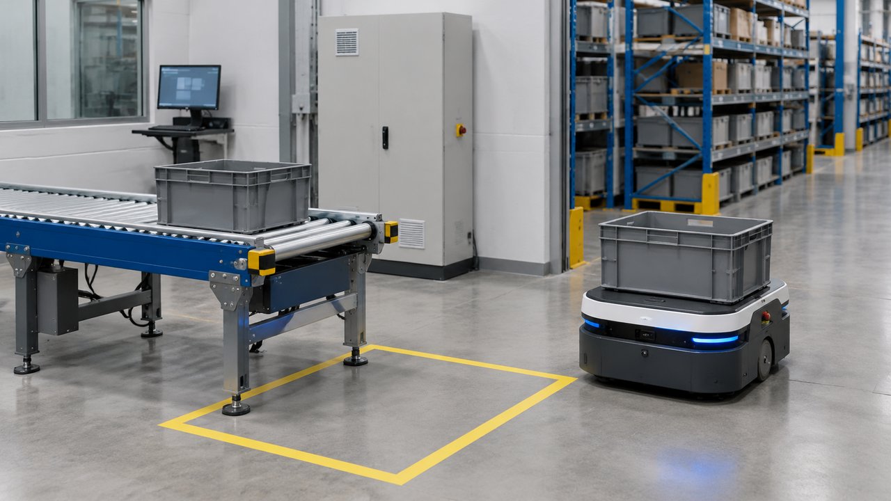 A roller conveyor and a nearby mobile robot each support a gray tote beside a closed control cabinet.