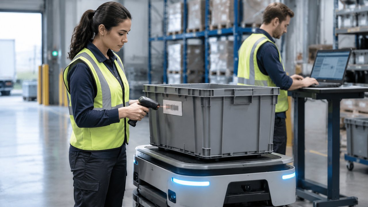 Worker scanning a tote barcode on an AMR while a colleague reviews a laptop at a nearby standing desk.
