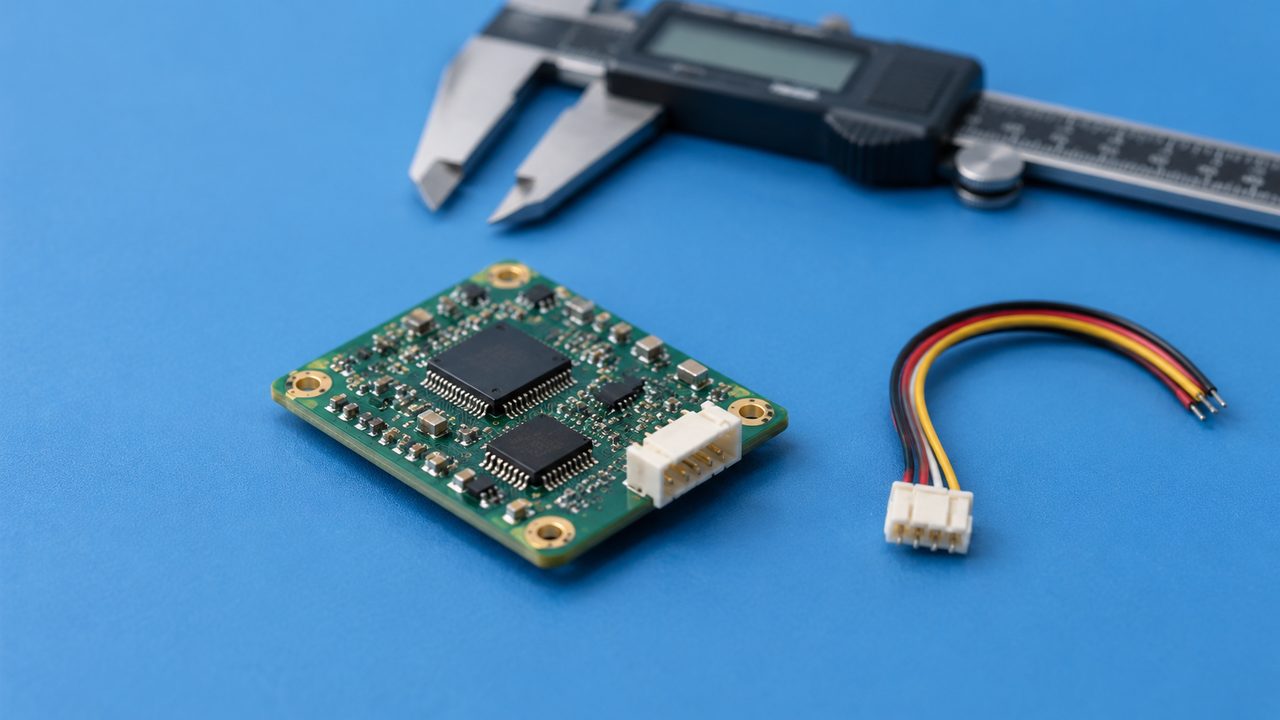 Sensor evaluation board with two chip packages, a cable and caliper on a blue work mat.