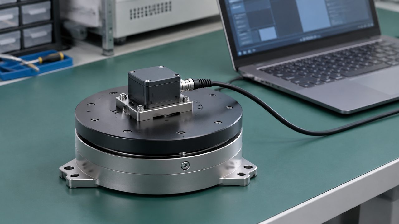 Enclosed sensor module mounted on a rotary positioning fixture beside a laptop.