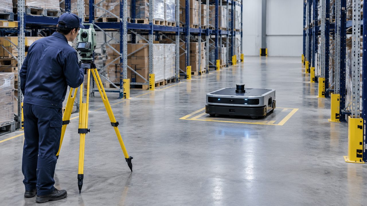 Engineer using a tripod surveying instrument beside a stationary warehouse mobile robot.