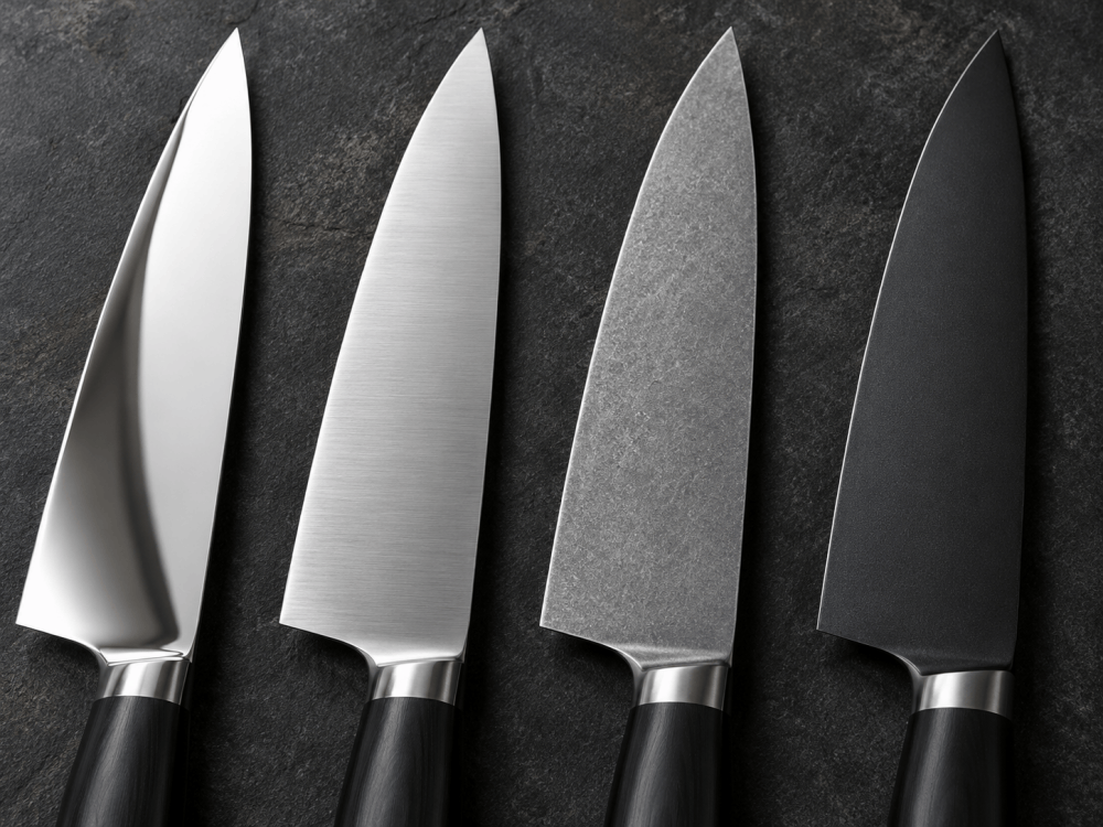Mirror, satin, stonewashed and non-stick-coated knife blade finishes compared