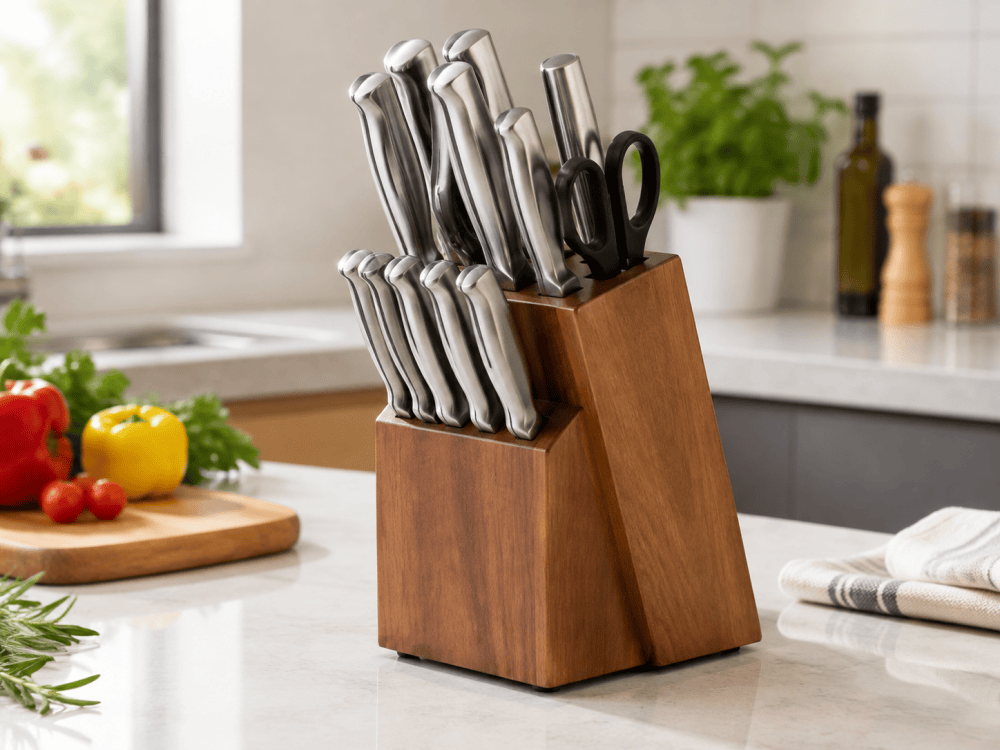 Kitchen knife block holding a set of stainless steel kitchen knives on a countertop