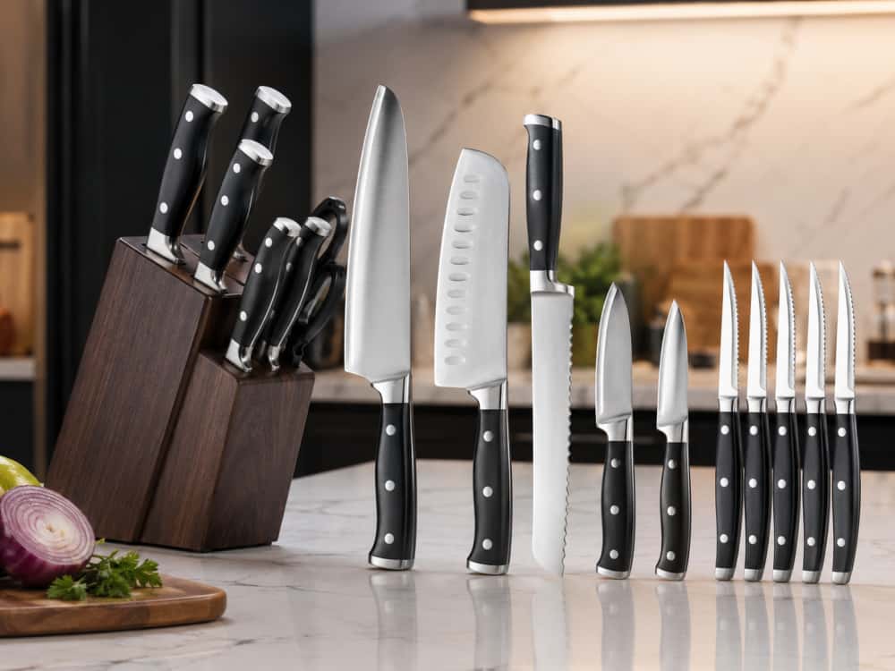 Premium kitchen knife collection featuring chef, Santoku, paring, utility, bread, steak knives and a knife block set in a modern kitchen.