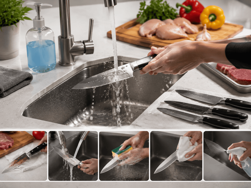 When must a knife be cleaned and sanitized