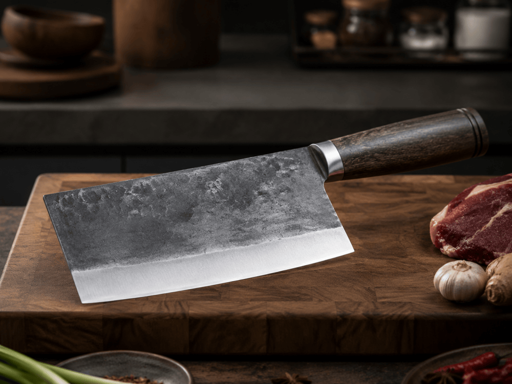 Professional kitchen cleaver on cutting board