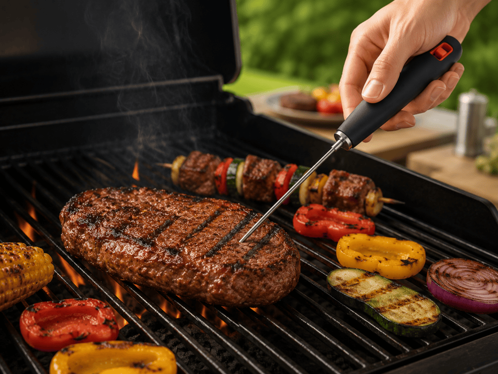 Using a BBQ thermometer while grilling meat