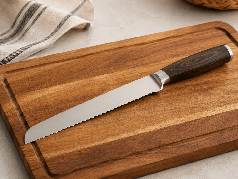Serrated kitchen knife on wooden cutting board