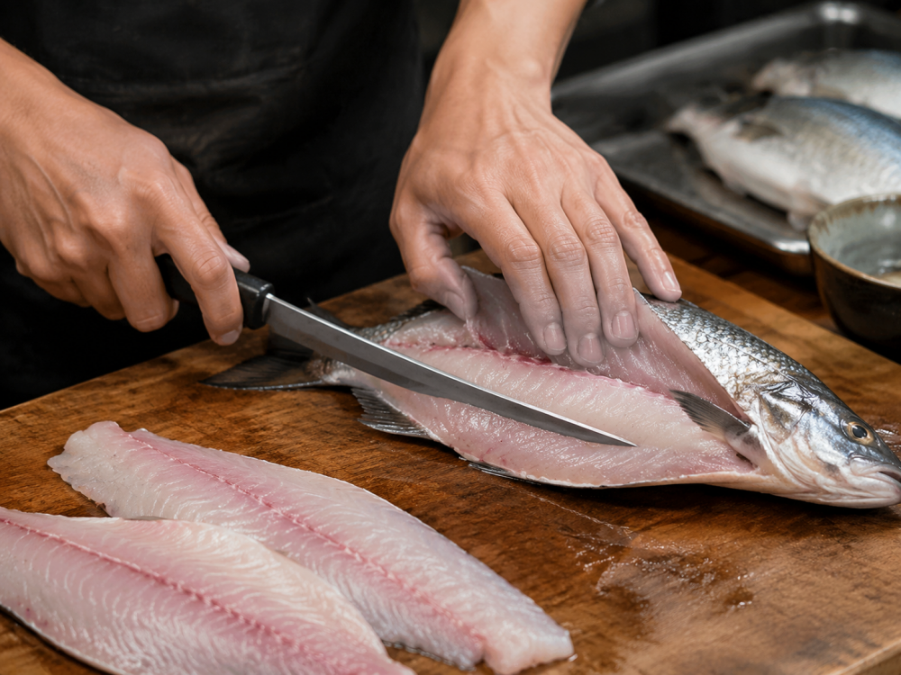 Using a fillet knife to fillet fresh fish