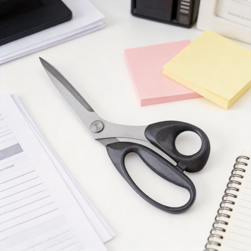 Ergonomic office scissors with sharp stainless steel blades, placed on a minimalist white desk, ideal for paper cutting and crafting