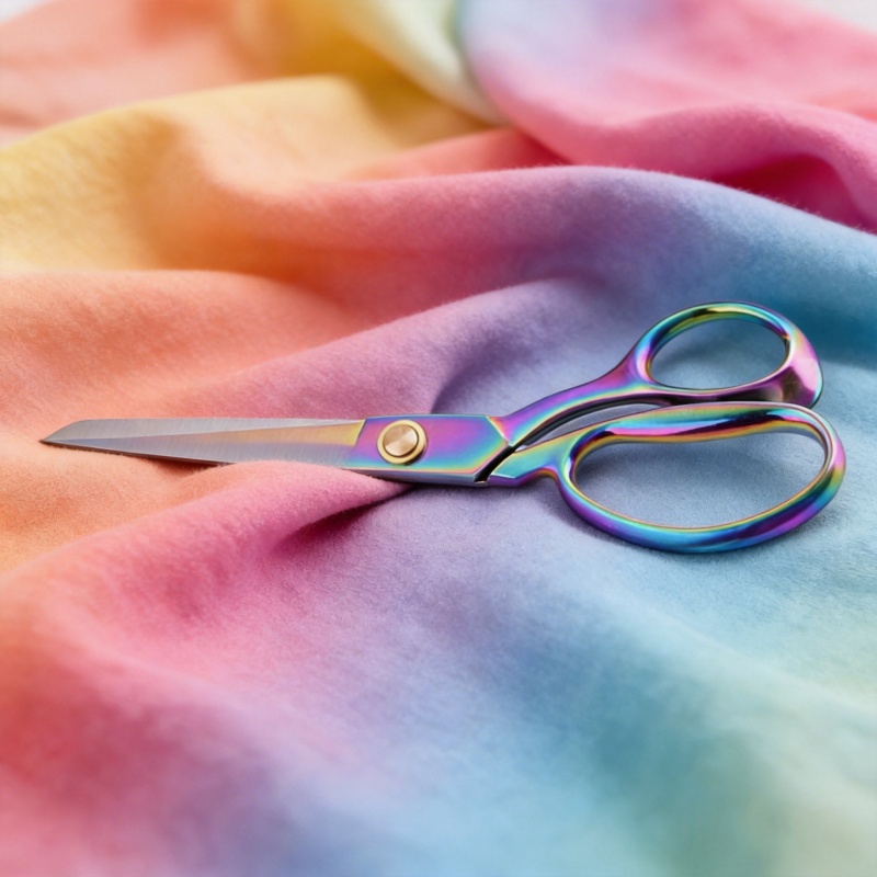Colorful stainless steel fabric scissors with holographic finish, ideal for sewing projects and DIY crafts
