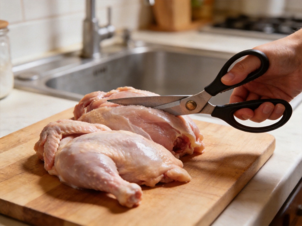 Kitchen scissors cutting poultry