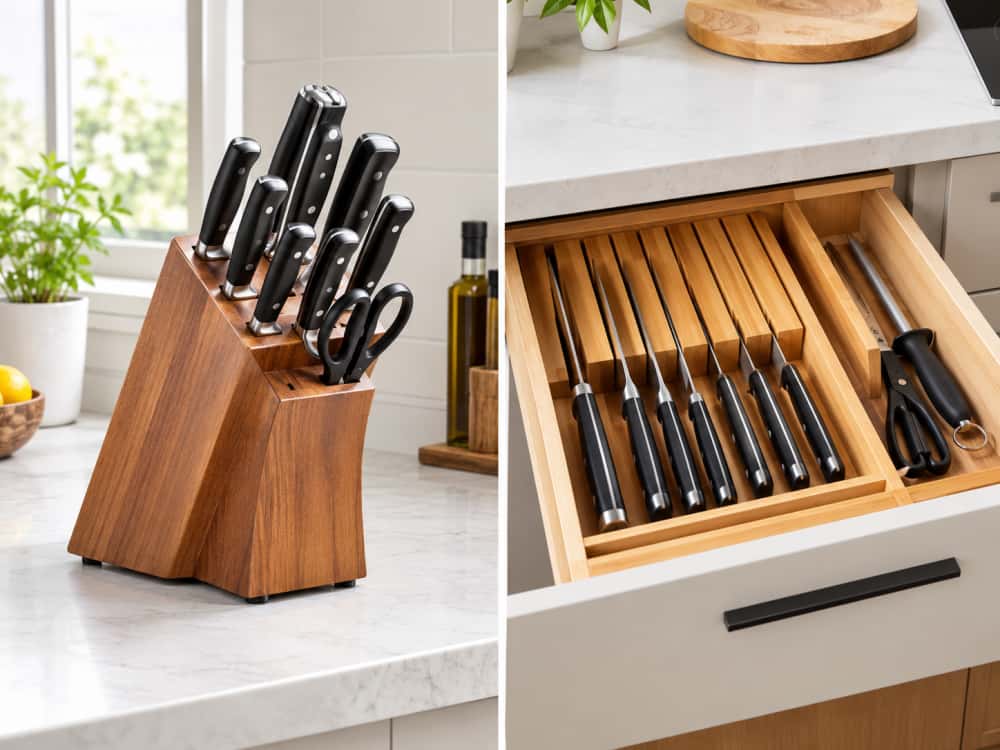 Comparison of countertop knife block and drawer knife organizer storage