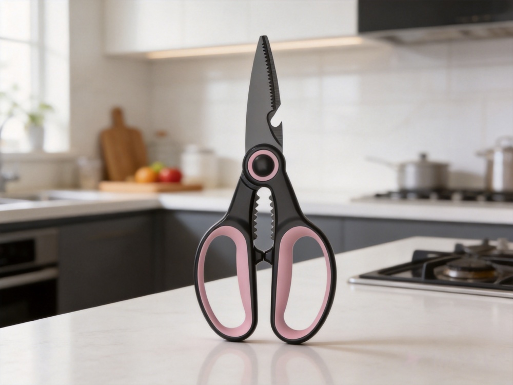 Pink kitchen scissors with stainless steel blades and ergonomic handles for cutting chicken and food preparation