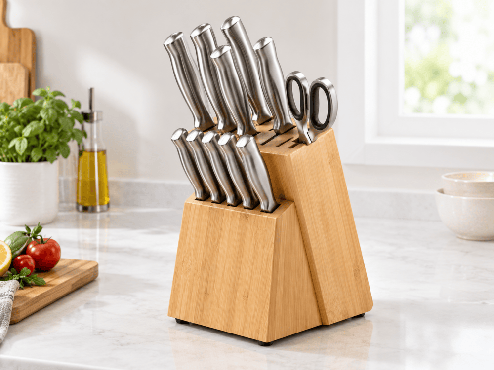 Wooden knife block holding stainless steel kitchen knives on a clean kitchen countertop