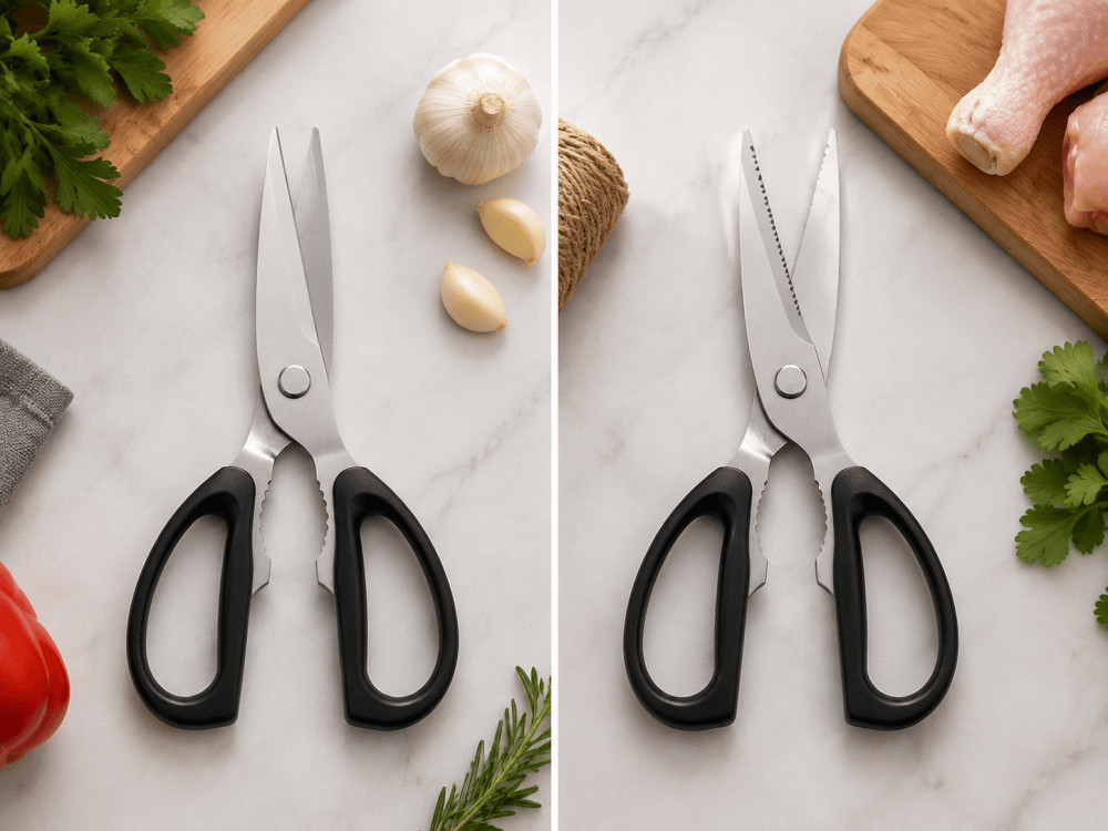 Straight blade and serrated blade kitchen scissors comparison