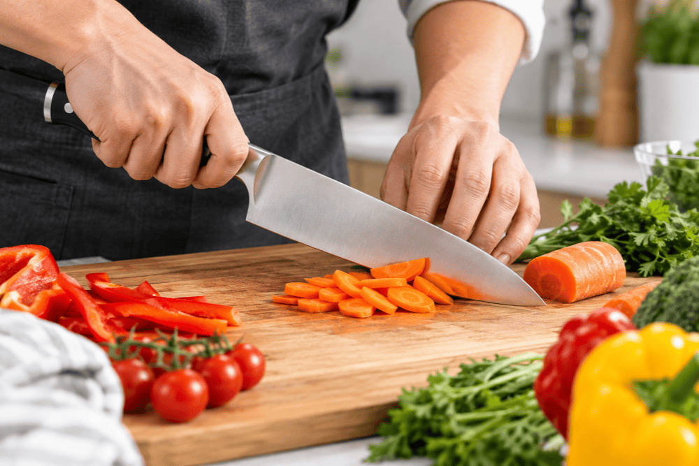 Chef knife chopping carrots and fresh vegetables on a wooden cutting board