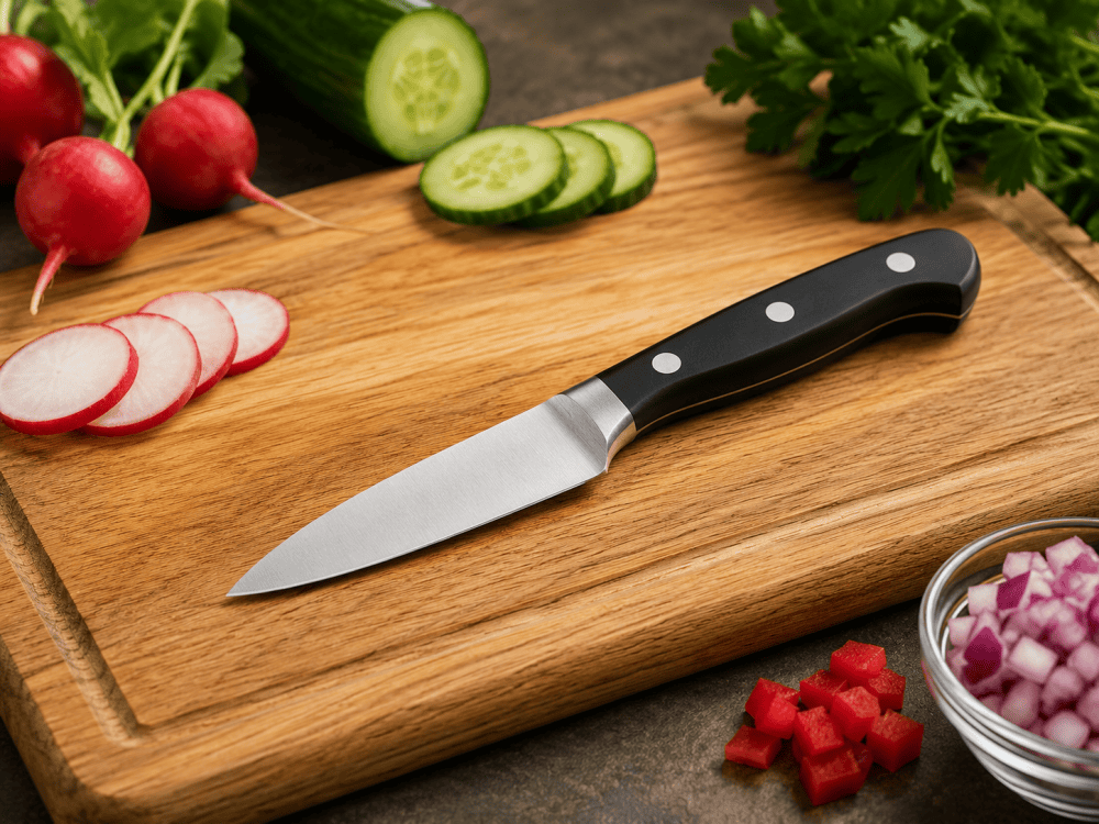 Paring kitchen knife on cutting board
