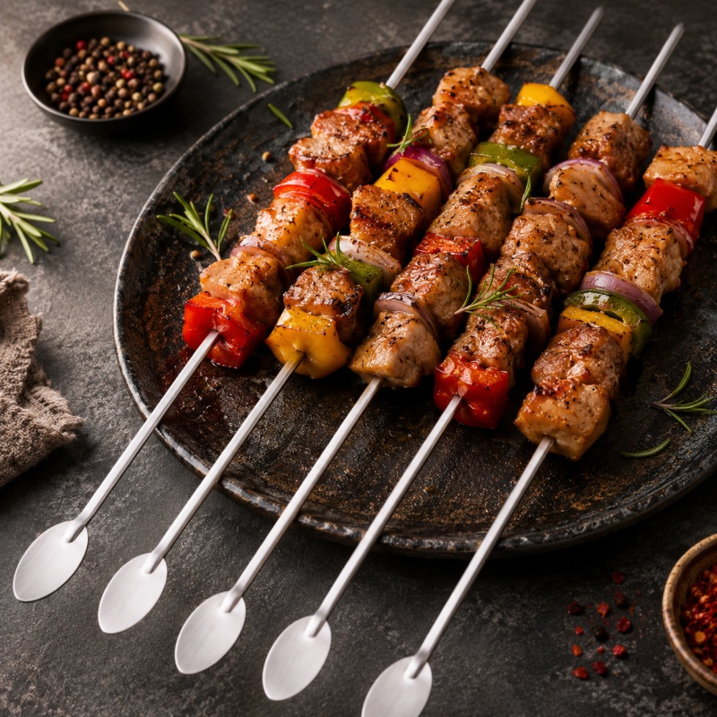 Stainless steel flat BBQ skewers with grilled meat, bell peppers and onions, on a dark plate with spices, perfect for outdoor barbecues