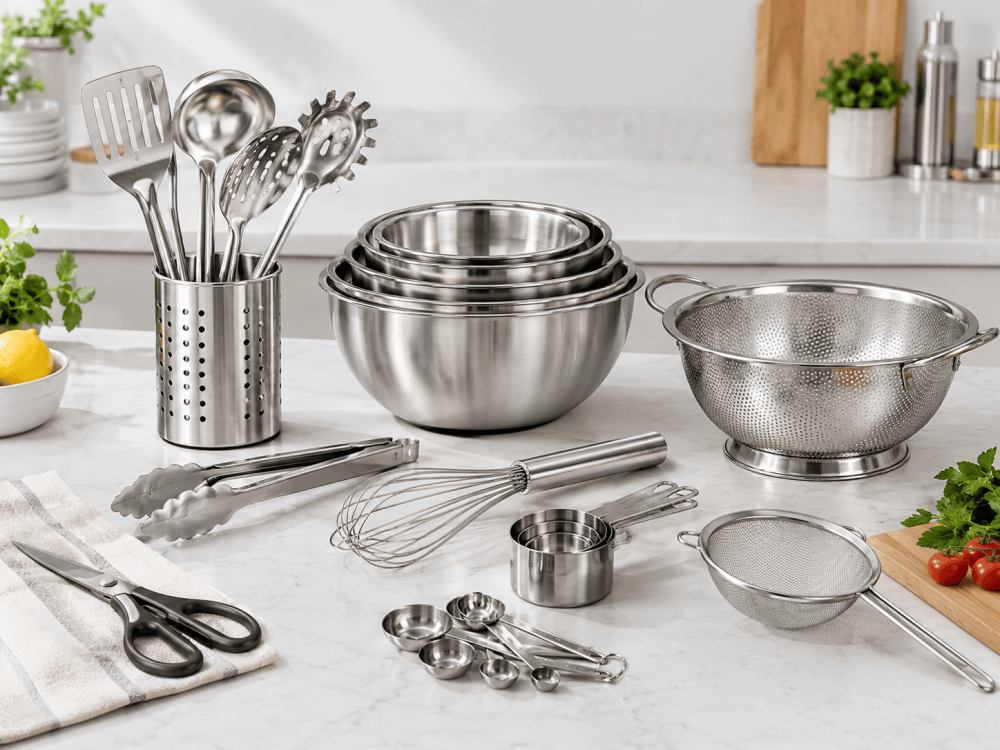 Types of stainless steel kitchen accessories including cooking utensils, tongs, whisks, strainers and mixing bowls
