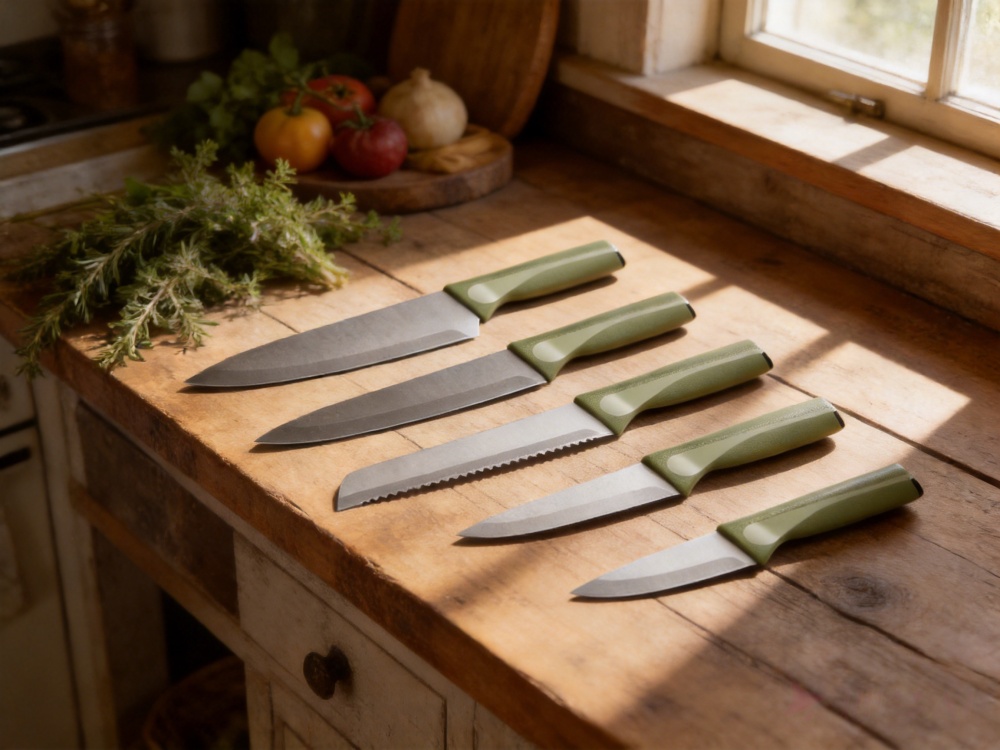Five-piece kitchen knife set with matching olive green handles displayed on a rustic wooden kitchen island