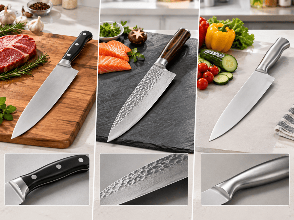 German-style, Japanese high-carbon steel, and standard stainless steel kitchen knives compared