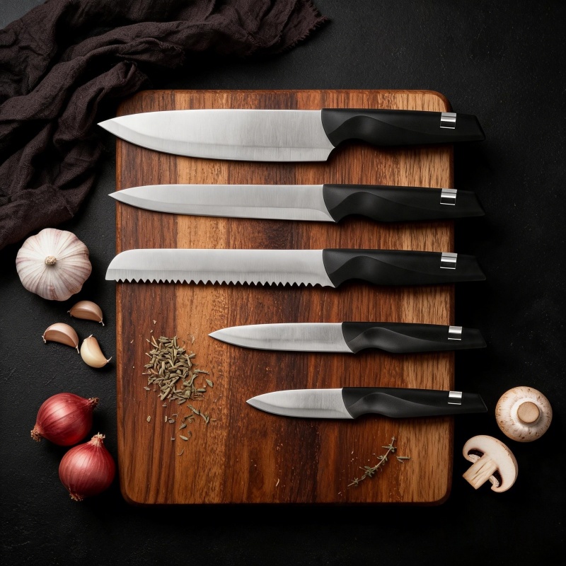 7PCS black kitchen knife set with scissors stainless steel ergonomic handle