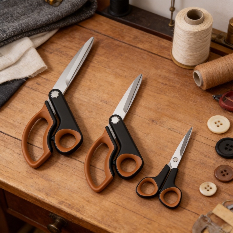 Set of three ergonomic sewing scissors in black and tan, resting on a vintage wooden tailor table with thread spools and buttons, professional tailoring tools
