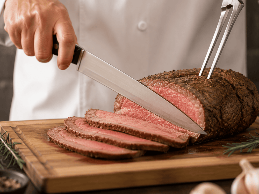 Professional carving knife slicing roast beef