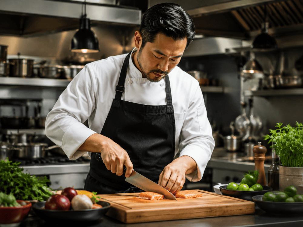 Commercial chef preparing food with kitchen knives