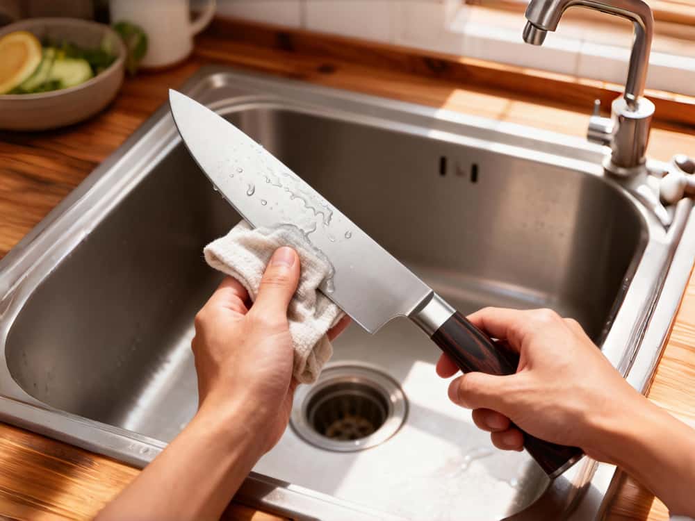 Drying a chef knife with a clean soft towel after washing