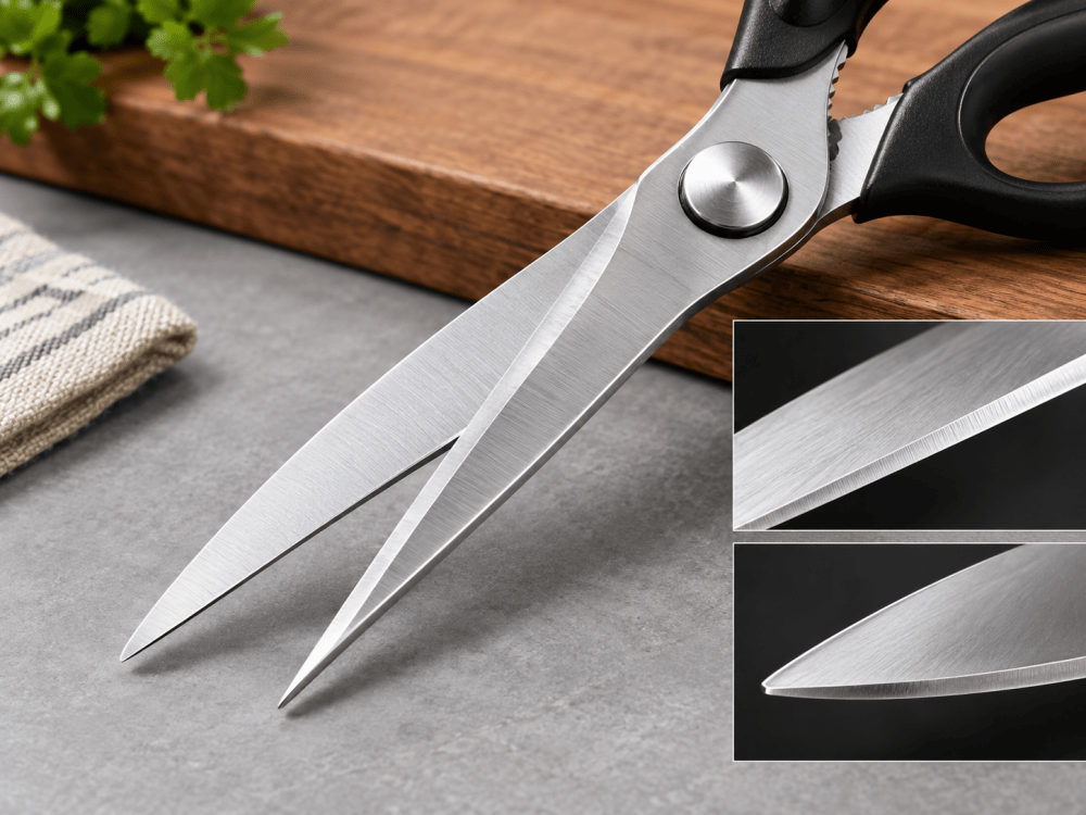 3Cr13 stainless steel scissors with close-up view of the blade and cutting edge