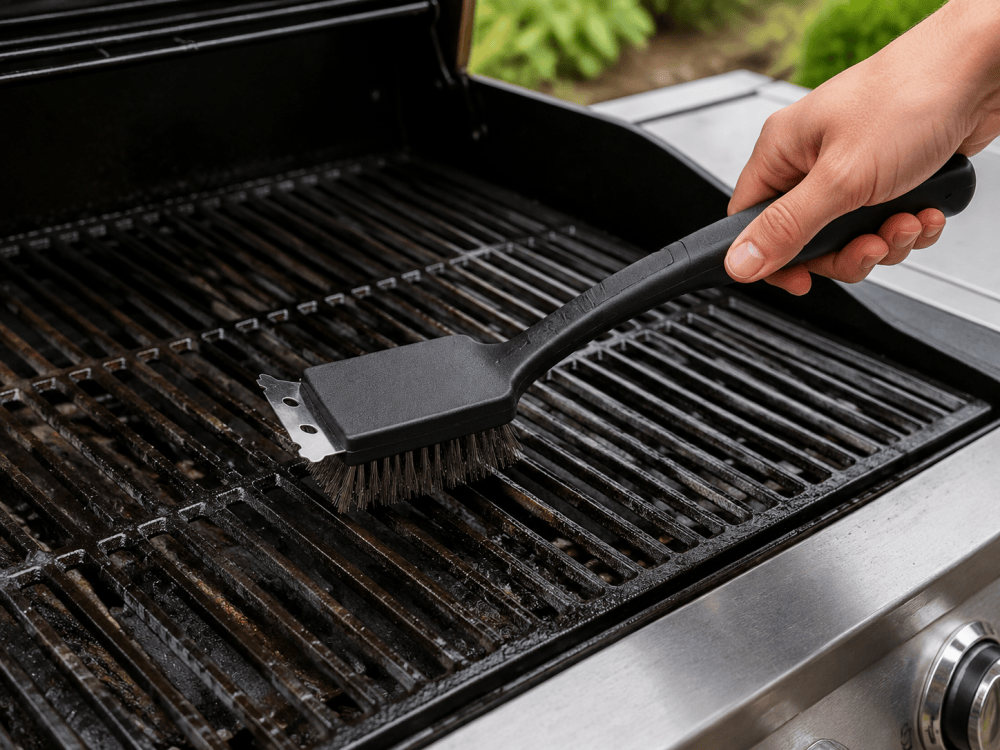 Cleaning BBQ grill grates with grill brush