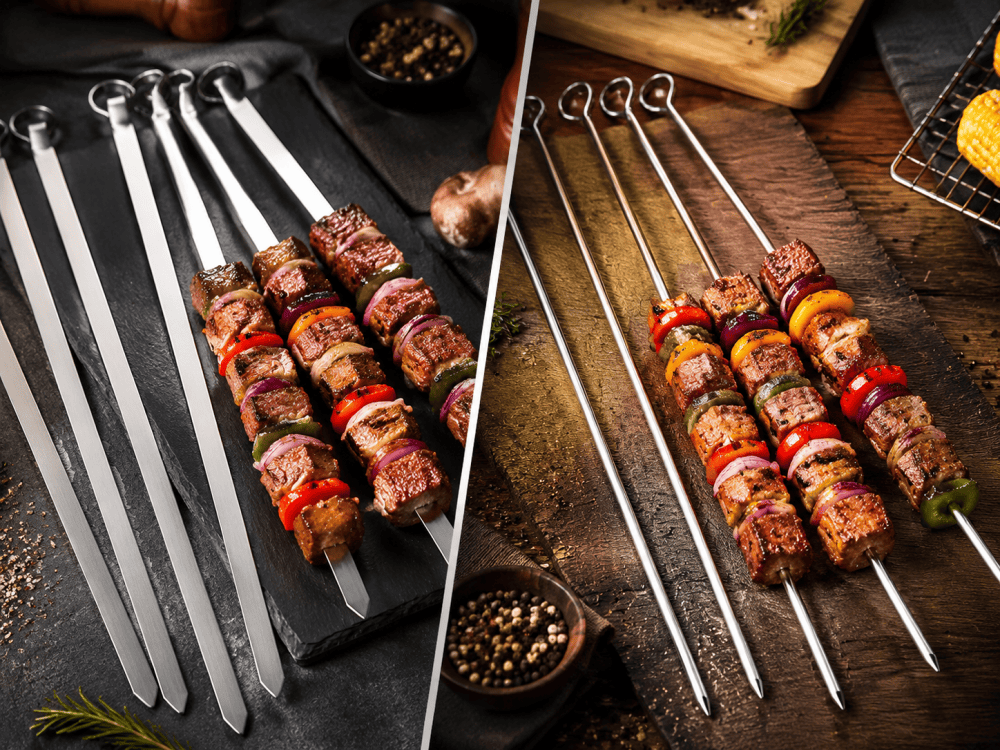 Flat and round metal BBQ skewers comparison