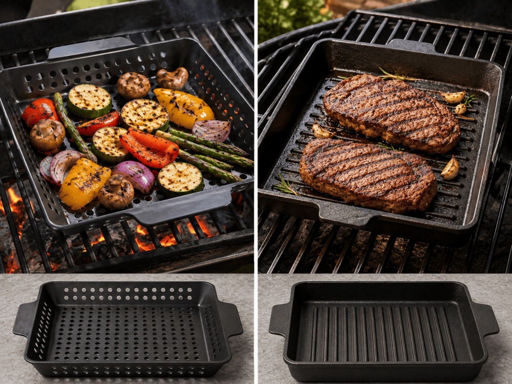 BBQ grill pan with holes vs solid grill pan