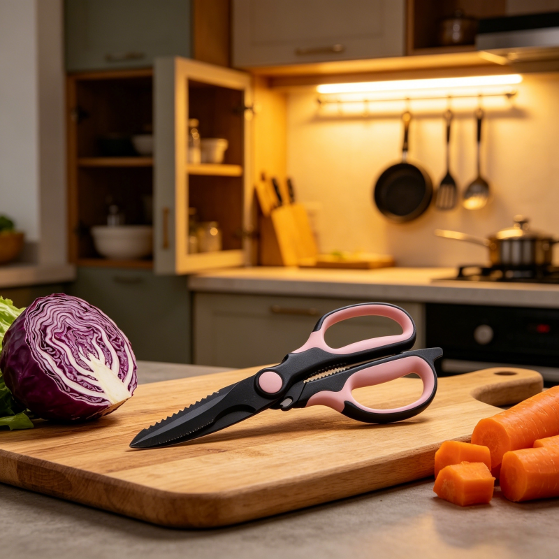 Kitchen shears scissors with bottle opener and nut cracker, stainless steel all purpose kitchen scissors with black pink anti-slip handles